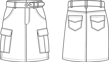 cad drawing flat vector illustration, women’s cargo skirt fashion template, belt detail, pocket flap design, front back technical sketch