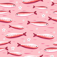 Seamless pink pattern with cute hand-drawn sardines in a pastel Mediterranean style. Playful and charming Italian seafood design perfect for summer-themed backgrounds, kitchen textiles, wrapping paper