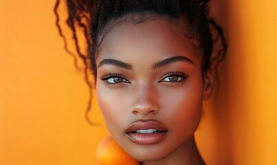 Black African American female model, peach fuzz-inspired editorial portrait, celebrating natural beauty in fashion and modeling, Generative AI