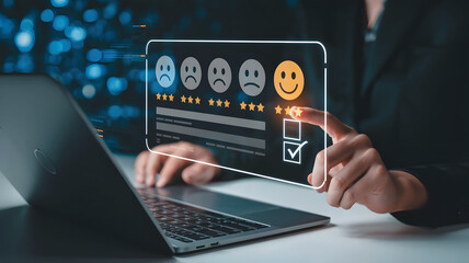 Customer satisfaction survey with happy smiley face selected on a digital screen with a laptop
