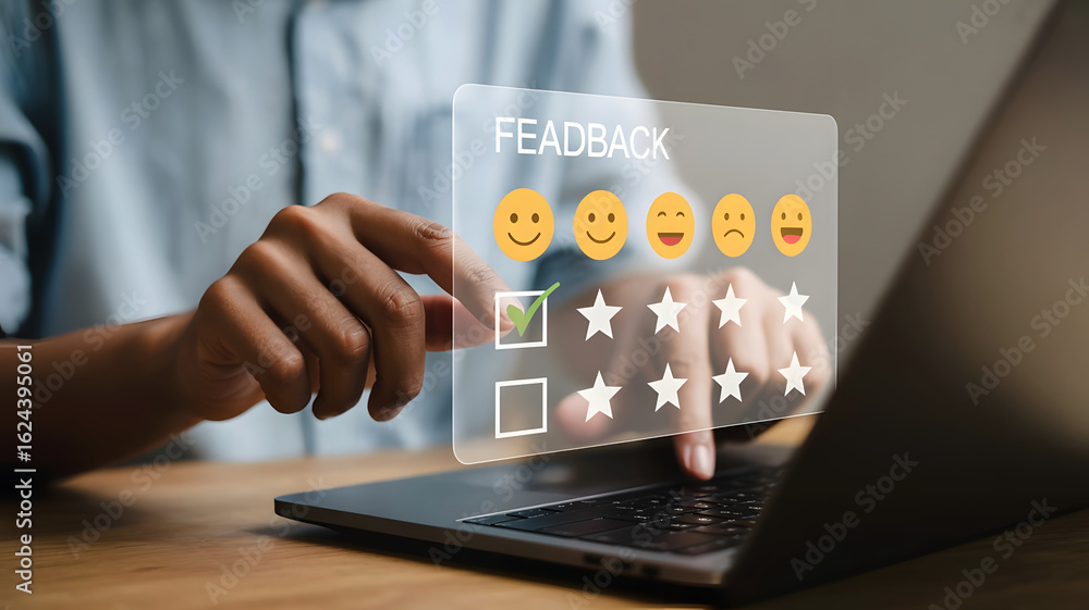 Poster person selecting a positive five star rating and happy emoji on a digital survey interface on a lapt