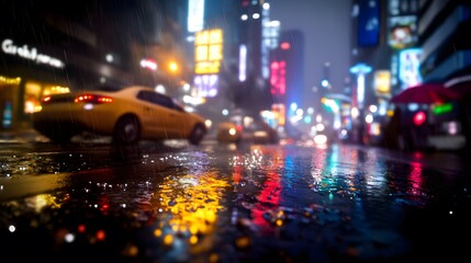 Rainy Night Cityscape: Yellow Taxi Reflecting Neon Lights on Wet