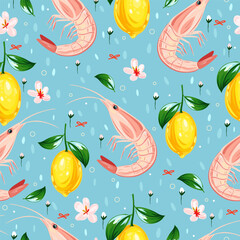 Seamless cute pattern with shrimp and lemon in pastel Mediterranean style. Perfect for summer backgrounds, textiles, and coastal decor with dolce vita charm.