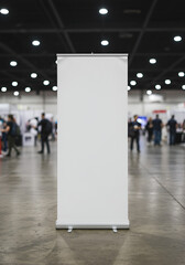 Blank retractable banner in a convention hall