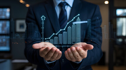 Businessman holding a glowing digital financial growth chart with upward trending bars and line graph
