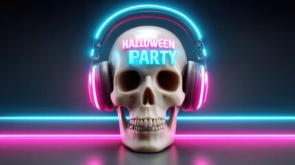 Futuristic Neon Halloween: Glowing Skull with Headphones at Party