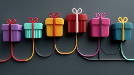Colorful Gift Boxes with Cords on Dark Background for Festive Decor and Celebration Themes