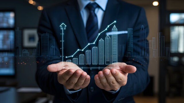 Businessman holding a glowing digital financial growth chart with upward trending bars and line graph