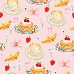Seamless cute pink breakfast pattern with cappuccino, pancakes, croissant, and flowers in pastel Mediterranean style. Perfect for summer textiles, backgrounds, and cozy decor with dolce vita charm.