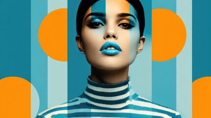 Bold Fashion Portrait with Geometric Patterns and Vibrant Blue-Orange Contrast