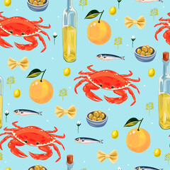 Seamless cute Italian pattern with crab, olives, oranges, pasta, and sardines in pastel Mediterranean style. Ideal for summer textiles, backgrounds, and coastal decor with dolce vita charm.