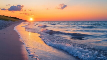Serene sunset over tranquil beach with gentle waves (1)