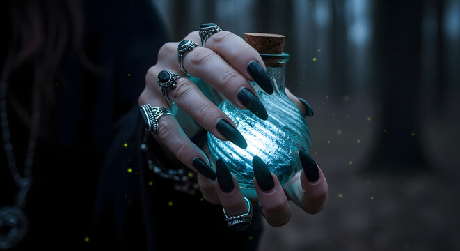 Enigmatic Elixir: A Witch's Hand Holding a Mystical Glowing Potion in the Dark Forest
