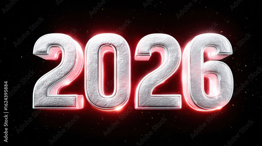 Poster 2026 year number glowing with red light on dark background, futuristic countdown theme with high fid