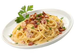spaghetti carbonara on white