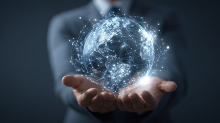 Global Connectivity: A businessperson cradles a luminous digital globe in their hands, the intricate web of connections representing the power of worldwide networks and futuristic technology.