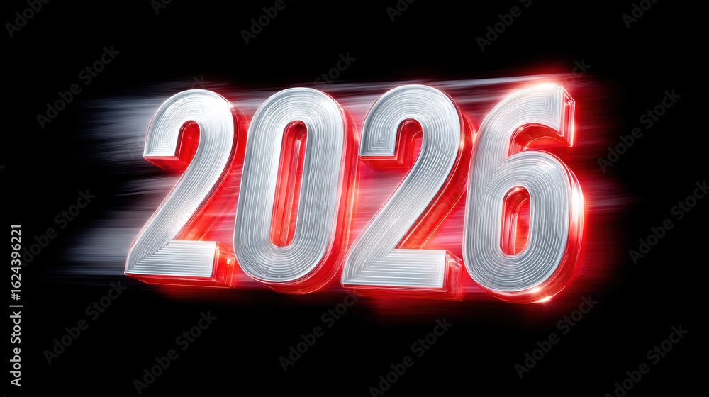 Poster 2026 year number glowing with red light and motion blur effect on dark background, futuristic design