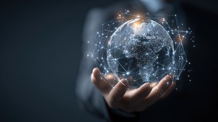 Global Connectivity: A hand cradles a luminous globe of interconnected digital networks, symbolizing worldwide communication and technological advancement.