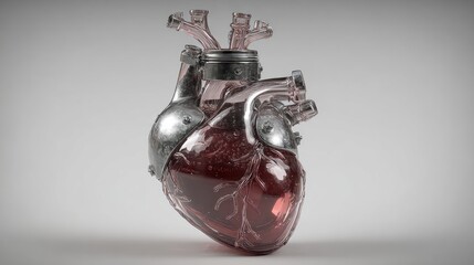 Mechanical Heart: An artistically crafted heart model, seamlessly blending metallic components with a translucent, vibrant liquid, symbolizing innovation, technology, and the delicate balance of life.