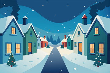 Fototapeta premium quiet snowy village street with decorated houses (1).eps
