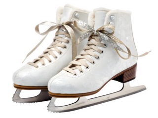 Pair of white figure skates with laces and blades on a black background