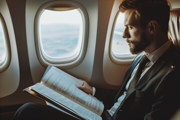 A businessman man sits on an airplane and studies working documents