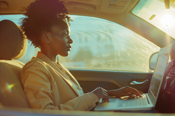 Beautiful businesswoman riding in taxi and working on work documents