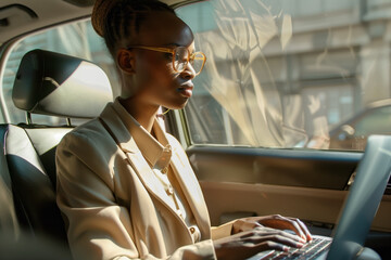 Beautiful African American businesswoman riding in taxi and working on work documents