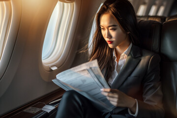 Beautiful Korean businesswoman flying on plane and working on work documents