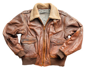 Brown leather bomber jacket with shearling collar and cuffs, vintage style, rugged texture, warm outerwear, classic fashion, cozy and stylish for winter