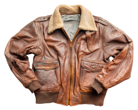 Brown leather bomber jacket with shearling collar and cuffs, vintage style, rugged texture, warm outerwear, classic fashion, cozy and stylish for winter