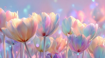 Vivid Tulip Harmony: A field of pastel-hued tulips bursts forth in a dreamlike display of color, their delicate petals kissed by a soft, ethereal light. 