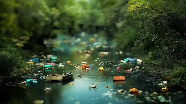 Devastating ecological impact of polluted river water with plastic and waste