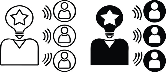 Influence Icons. Black and White Vector Illustration. Famous Person Influence on Audience. Blogger, Artist, Celebrity. Influencer Concept
