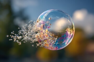 Colorful soap bubble bursting in a garden with blurred background