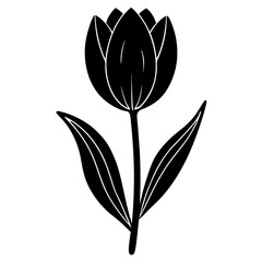 Black and white silhouette of a tulip flower with closed petals and two leaves, isolated on white background