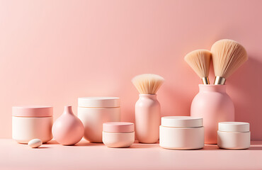 soft focus photography captures rows delicate cosmetic jars brushes warm pink background gentle shadows