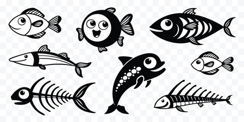 Collection of Fish Illustrations in Black and White Suitable for Cartoon Designs or Educational Material Focusing on Marine Life