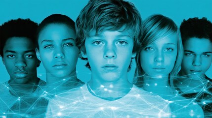 Diverse Youth Connected by Digital Network Concept in Blue Tones