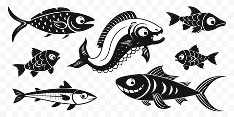 Black and white cartoon fish collection vector illustration graphic design aquatic wildlife animals set for kids children educational material posters and prints