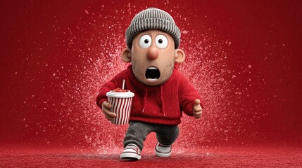 Animated Character in Red Hoodie Holding Soda on Vivid Red Splash Background