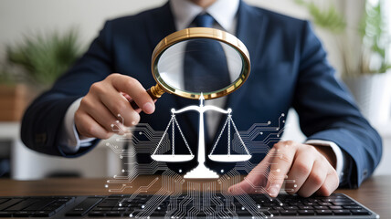 Professional examining justice scales with magnifying glass, digital circuits symbolizing legal technology and innovation.
