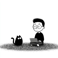 Cartoon Boy with Laptop and Cat in Black and White Illustration