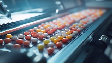 Close up shot of colorful pills on a conveyor belt in a pharmaceutical manufacturing facility