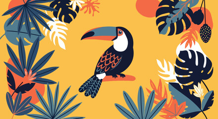 Modern Stylized Toucan and Tropical Leaves Illustration
