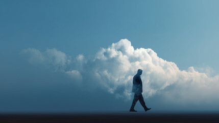 Obraz premium Human silhouette made of clouds, walking through a digital storm, conceptual metaphor for mental health and anxiety 