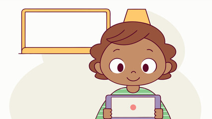 Kid Holding Tablet with Alphabet Letters on Screen &ndash; Digital Learning Illustration.