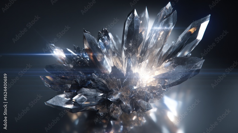 Poster a cluster of sharp crystalline formations reflecting light against a dark and slightly blurred backg