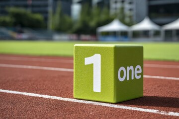 Green block with "1" on a running track