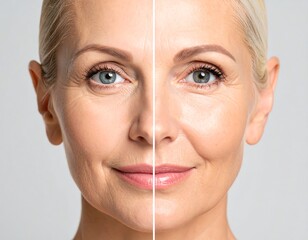 Before-and-after comparison of a woman's face, highlighting the reduction of wrinkles and signs of aging
